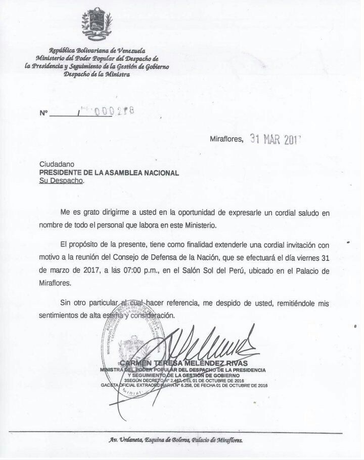 Carta del Despacho de la Ministra de la Presidencia de la República a los Representantes de la AN